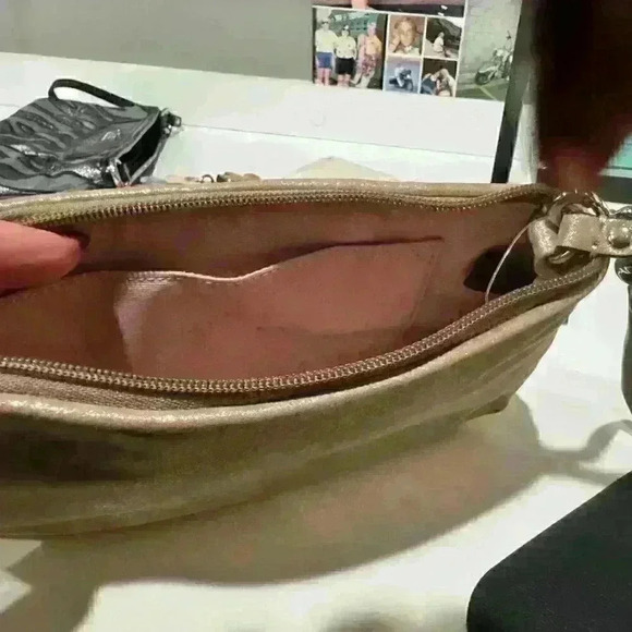 Coach Wristlet Handbag Leather Gold Metallic Shimmer Silver Hardware Rectangle - Picture 2 of 4